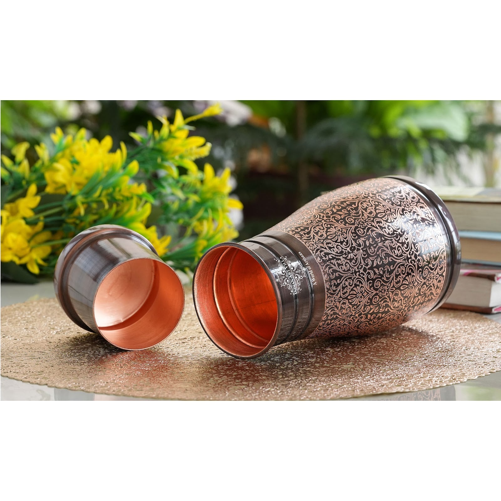 Pure Copper Embossed Bedroom Bottle With Inbuilt Glass