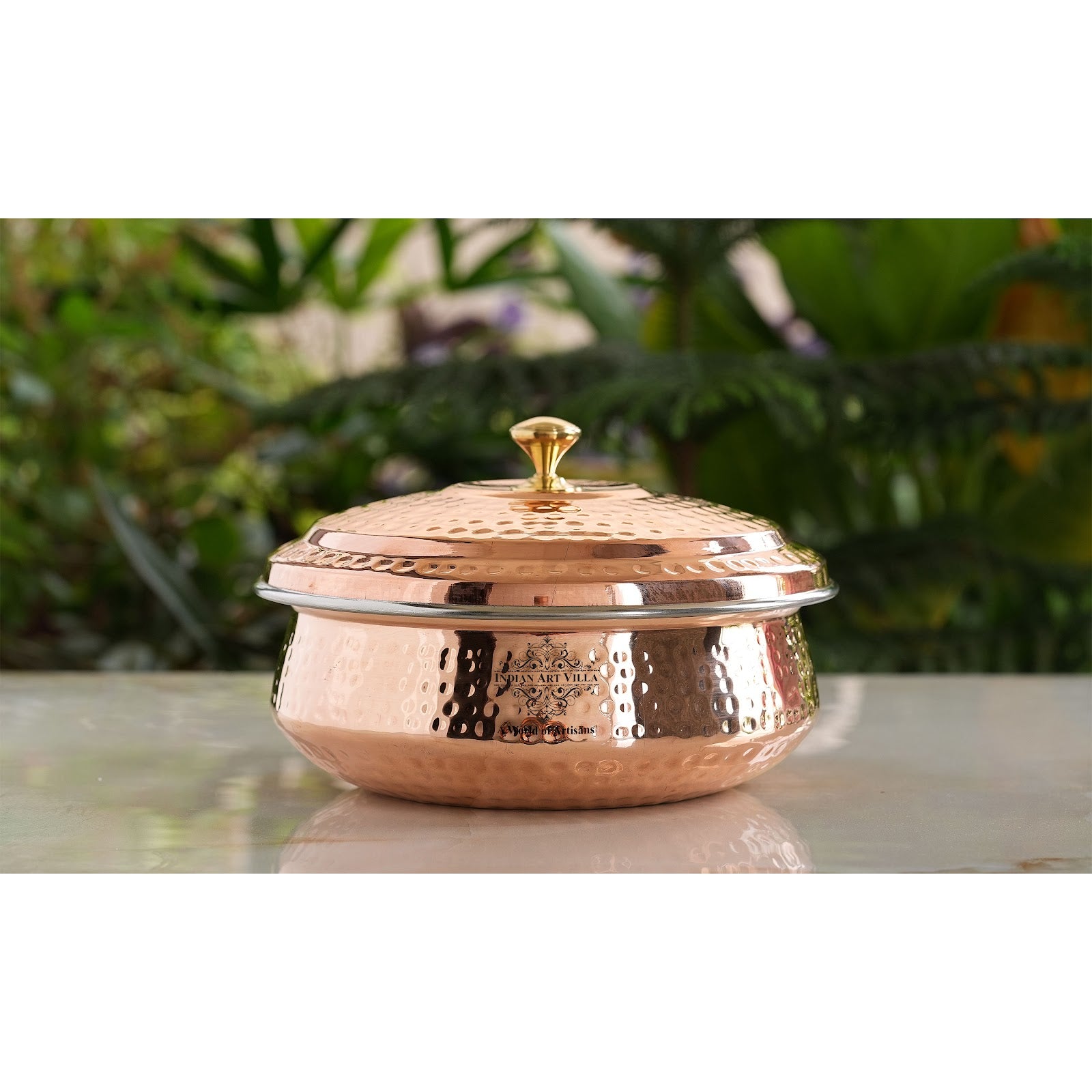 Handcrafted Pure Steel Copper Hammered Design Handi with Lid, Serveware, Tableware