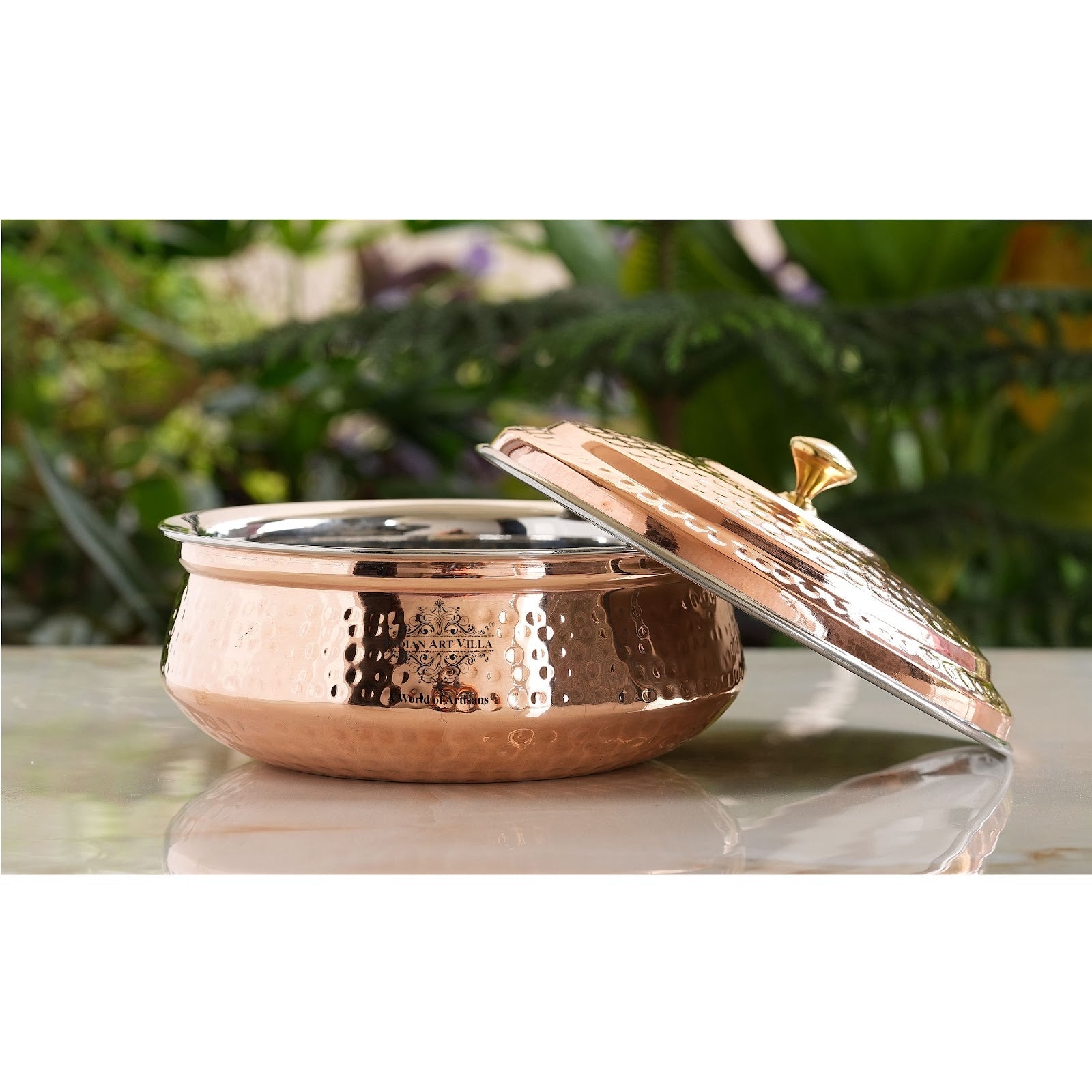 Handcrafted Pure Steel Copper Hammered Design Handi with Lid, Serveware, Tableware