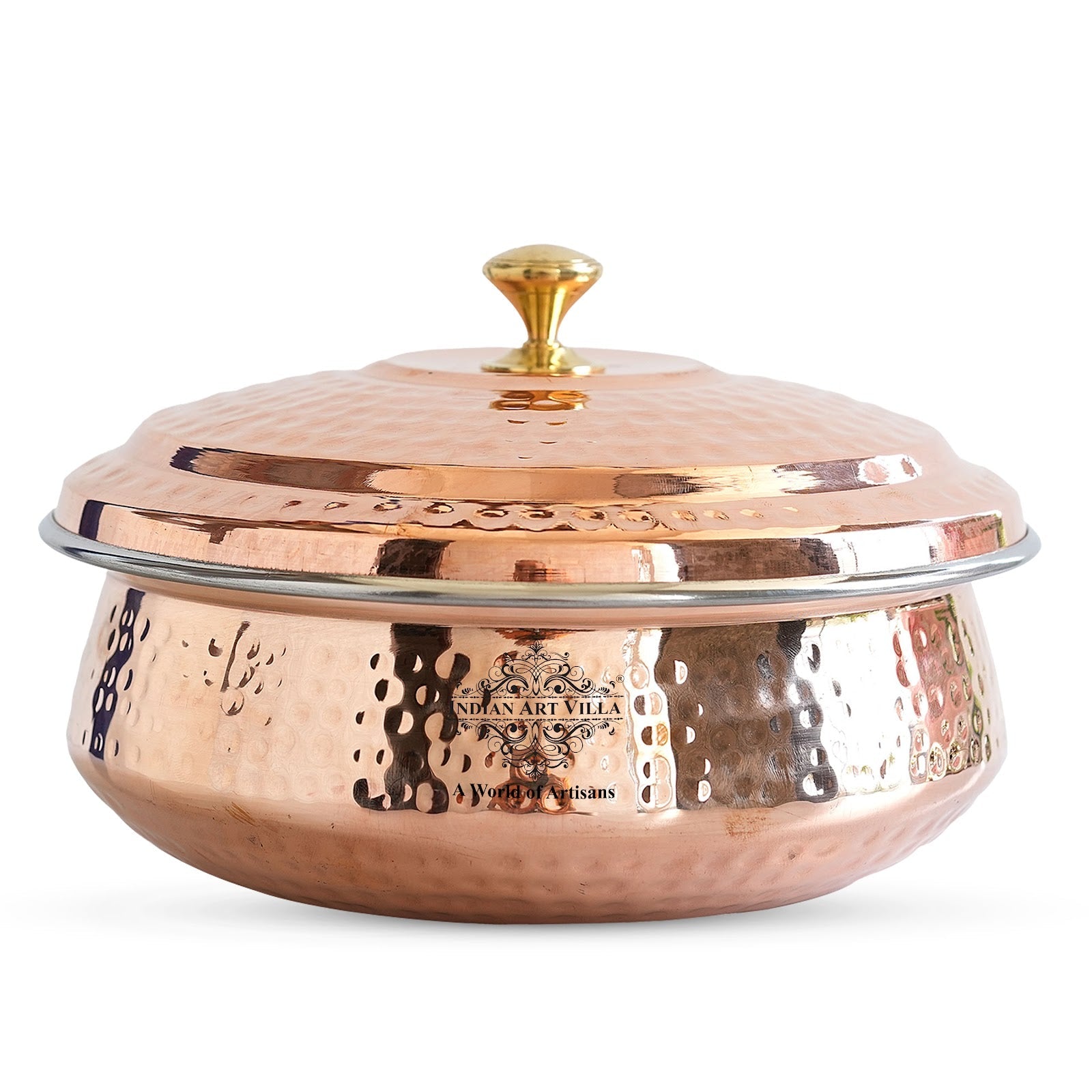 Handcrafted Pure Steel Copper Hammered Design Handi with Lid, Serveware, Tableware