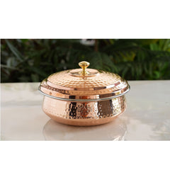 Handcrafted Pure Steel Copper Hammered Design Handi with Lid, Serveware, Tableware