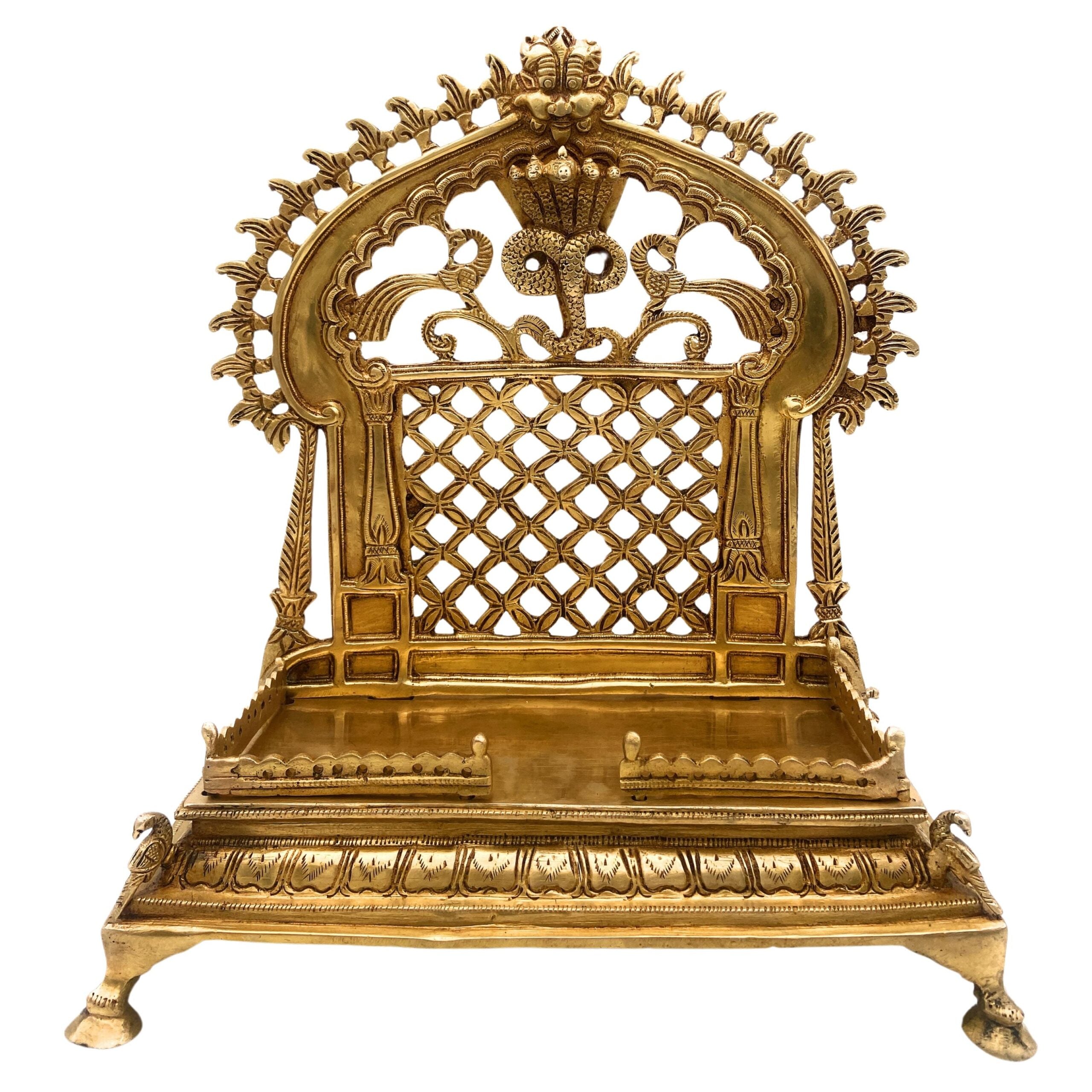 Brass Handcrafted Pooja Chowki with Prabhavali, Heavy Singhasan Peetha for Deity, Temple Bajot, Mandir Throne Stand, Gold, 14 Inch, 1 Piece