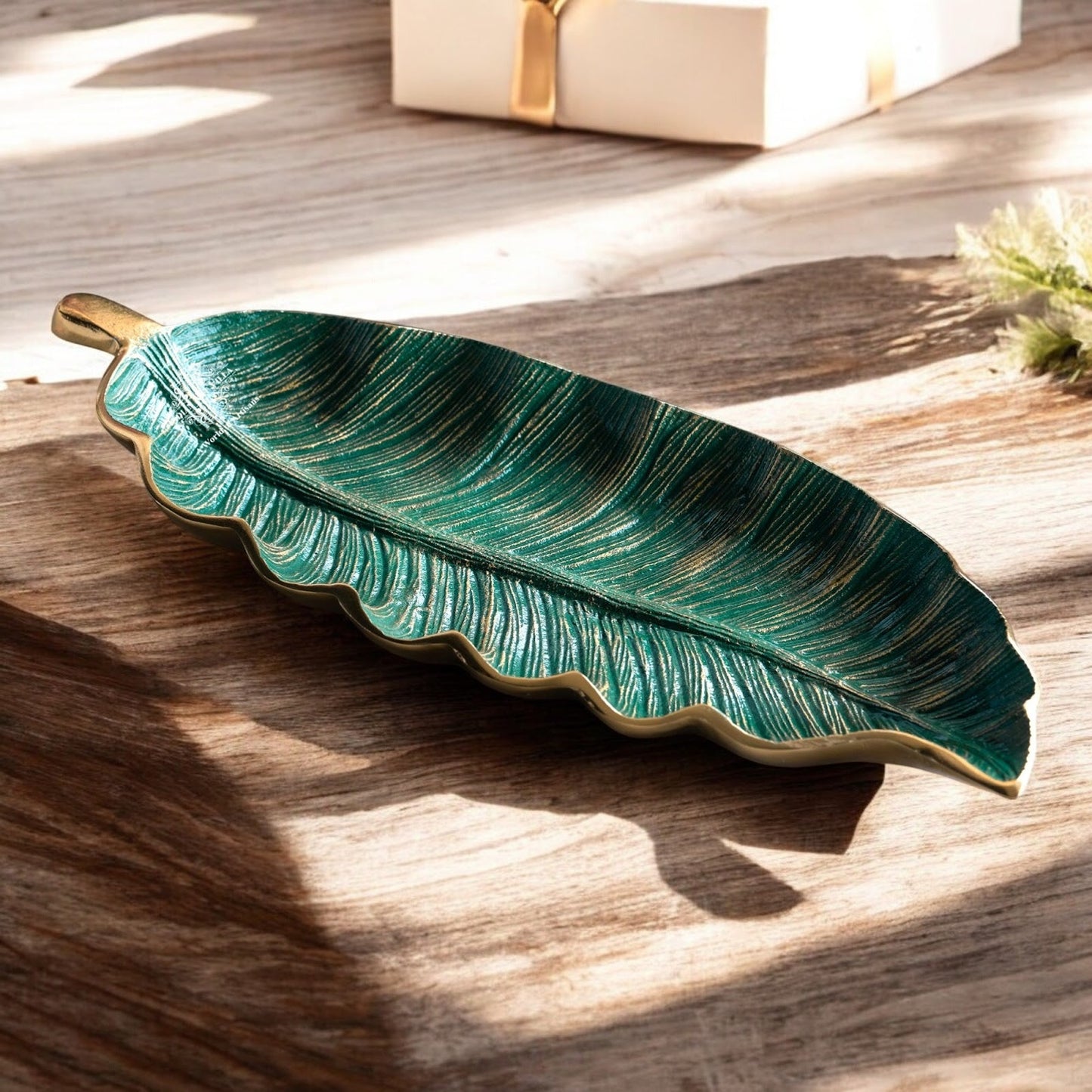Gold Finish Green Leaf Design Decorative Platter – 43 Cm Banana Leaf Shaped Tray for Home Décor