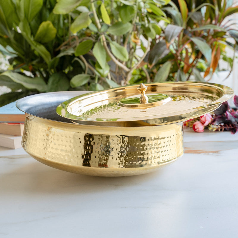 Brass Lagan With Hammered Design, Tin Lining & Brass Lid - 6 L