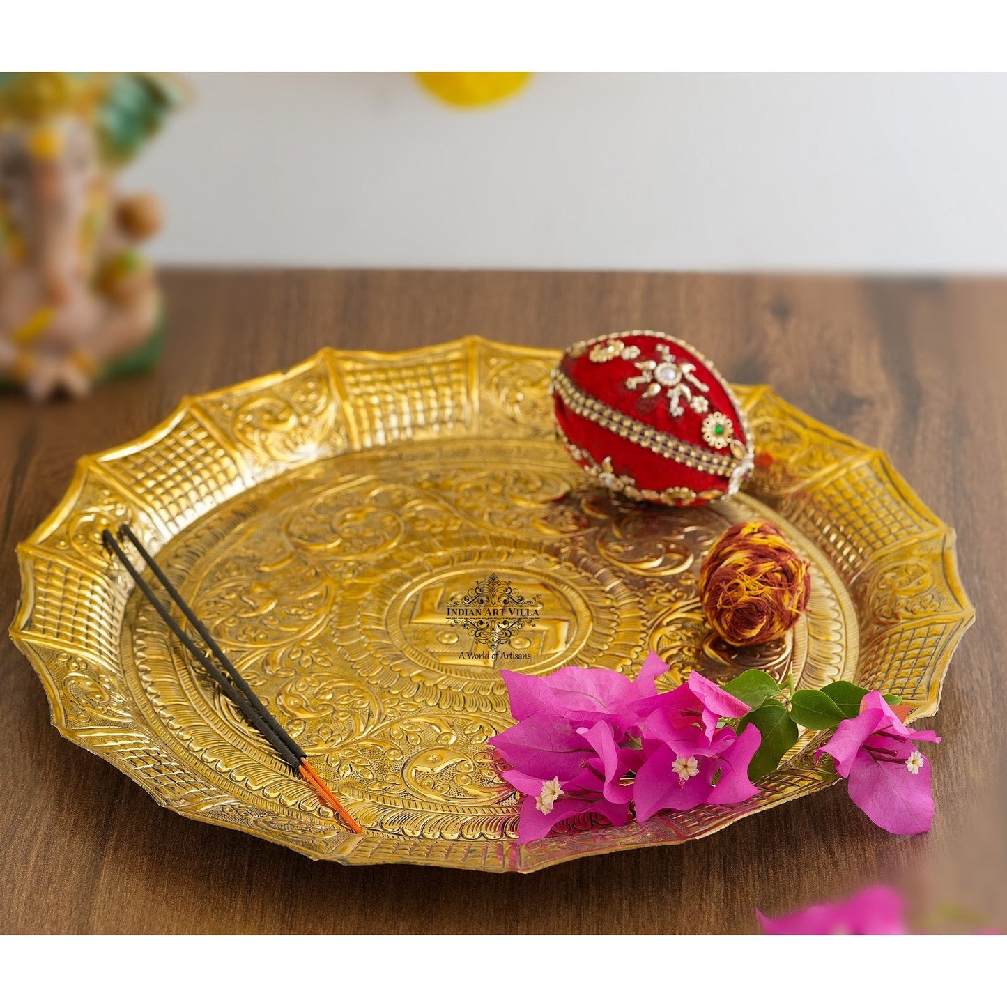 Pure Brass Pooja Thali, Swastik Design, For Spritiual & Pooja, 33.02 cm