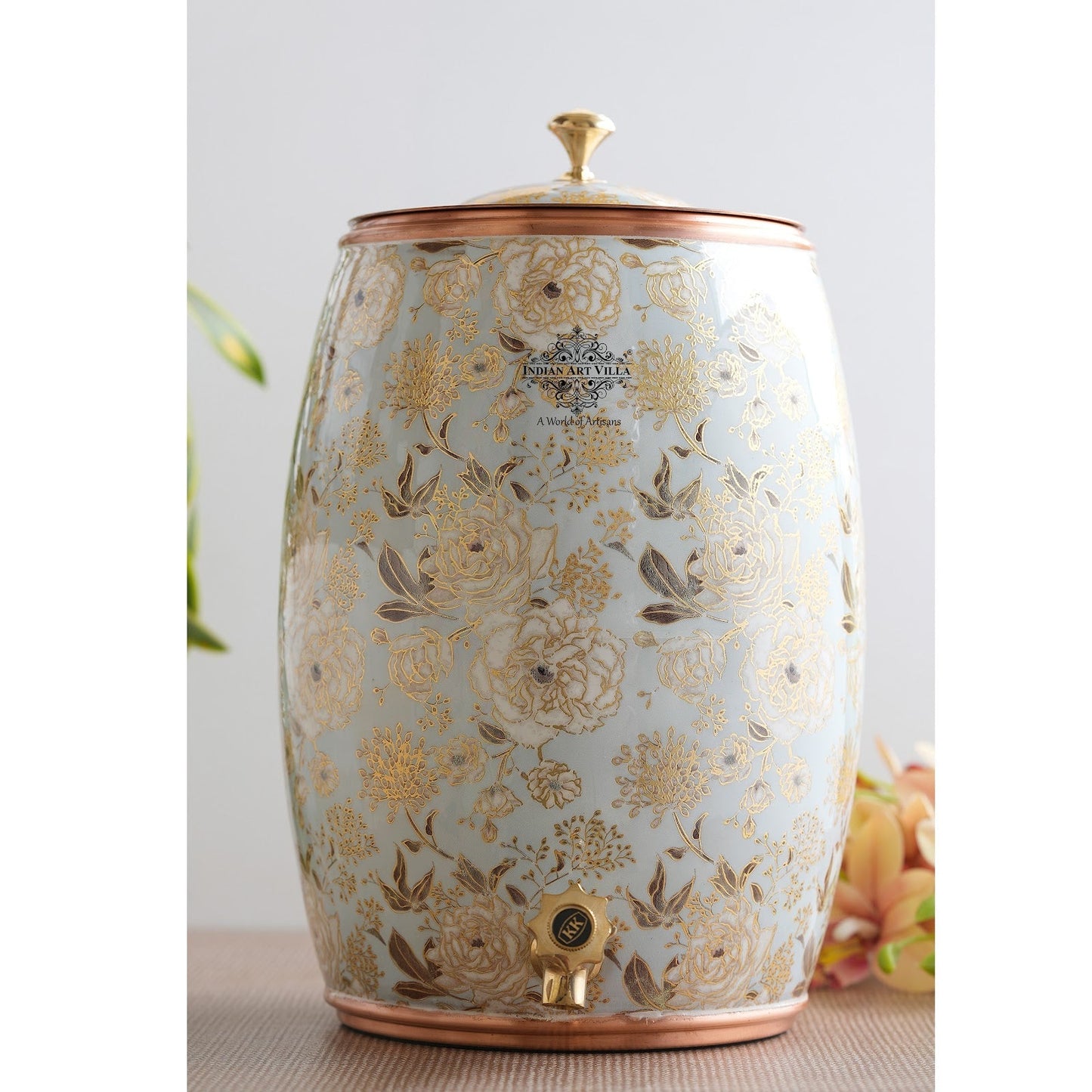 Handcrafted Pure Copper Water Pot with Gold Print Design, Ayurveda Water Vessel, 10 Ltr.