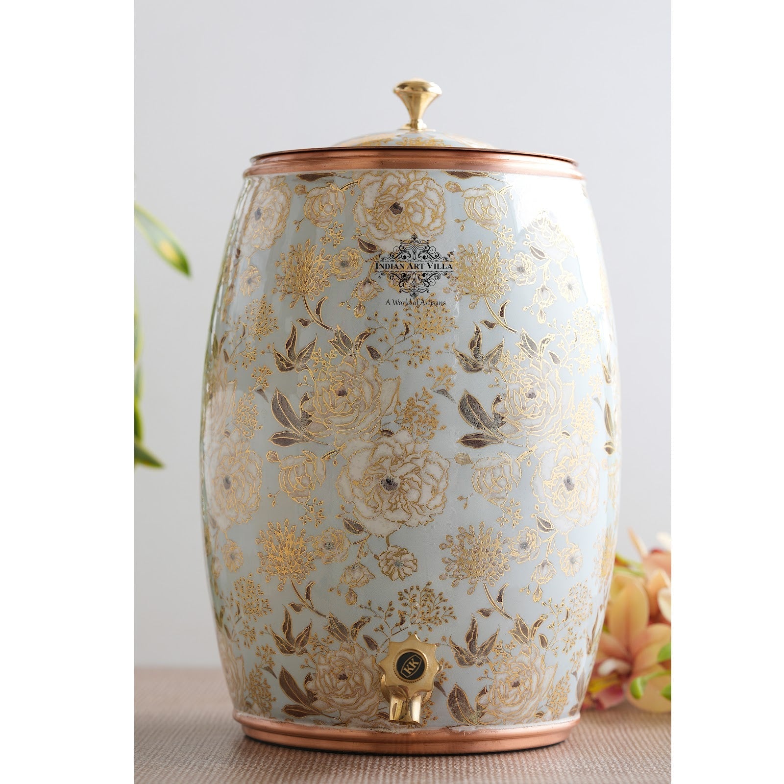 Handcrafted Pure Copper Water Pot with Gold Print Design, Ayurveda Water Vessel, 10 Ltr.