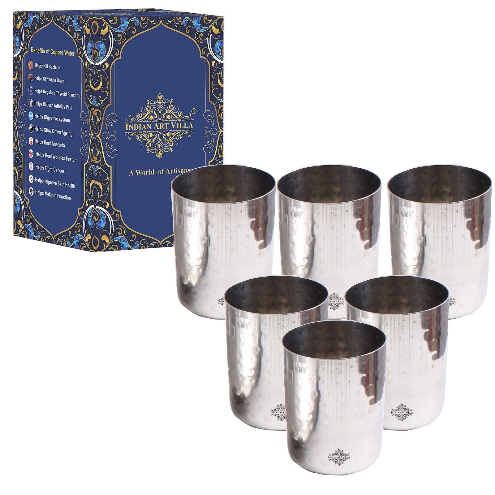 Steel Flat Hammered Glass Tumbler Cup | Serving Drinking Water | Volume 375 ML