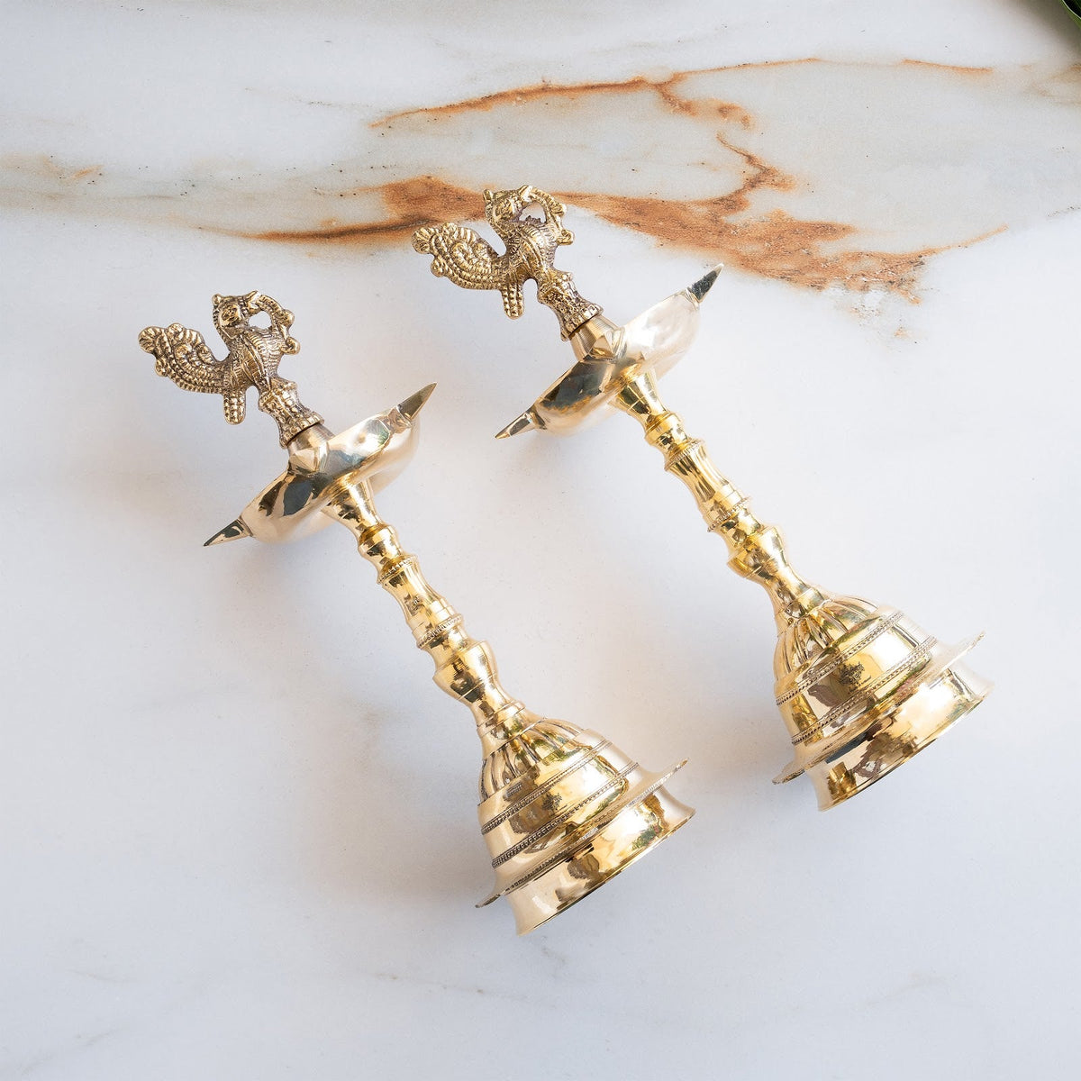 Brass Pillar Diya Set of 2 - Traditional South Indian Temple Oil Lamps