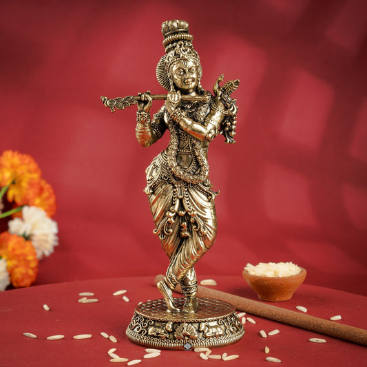 Pure Brass Krishna ji Murti With Tribhanga Pose for Pooja