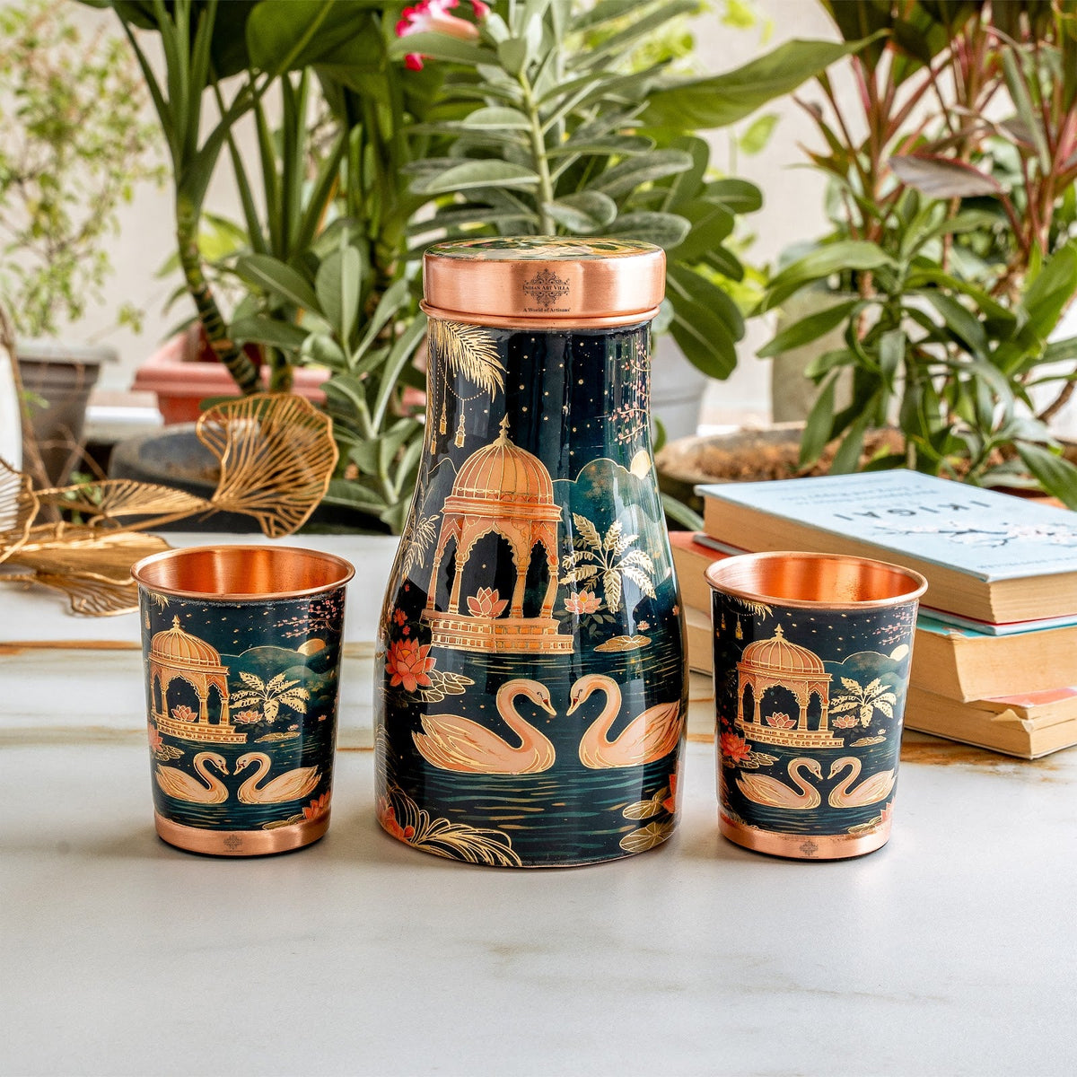 Copper Kalakriti Bedroom Bottle with 2 Glasses Gift Set - 950ML