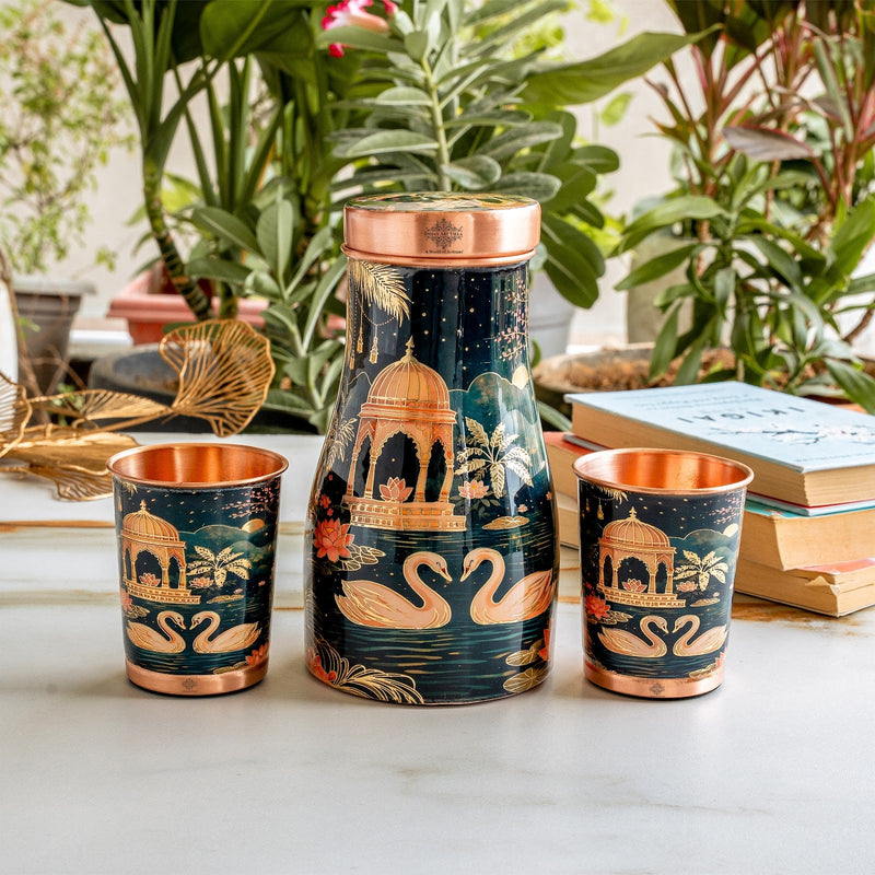 Copper Kalakriti Bedroom Bottle with 2 Glasses Gift Set - 950ML