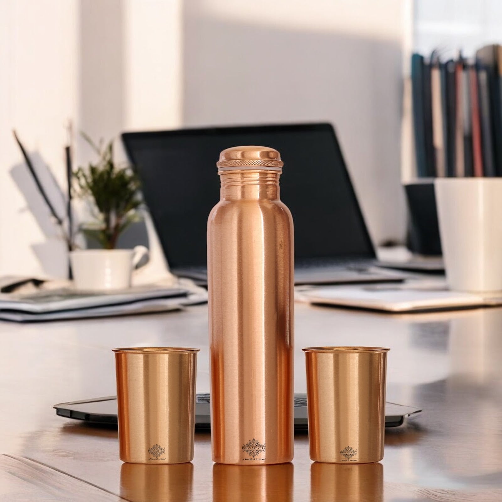 Pure Copper Matt Finish Lacquer Coated Water Bottle & 2 Glass