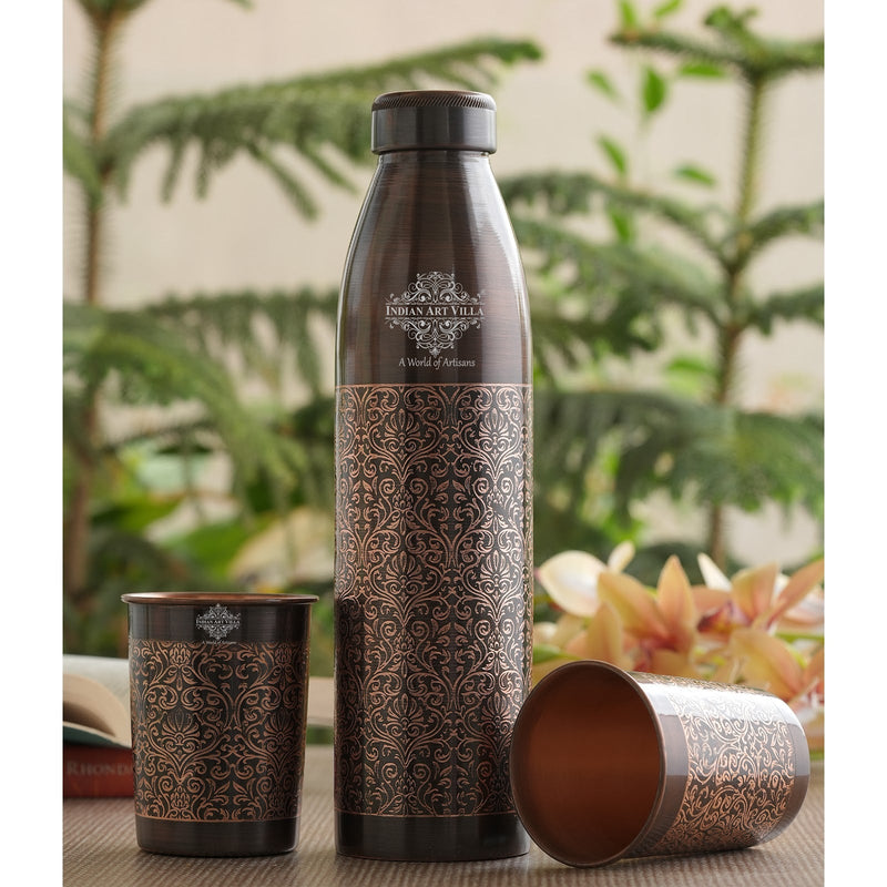 Pure Copper Antique Finished Embossed Design Bottle With Glass Set