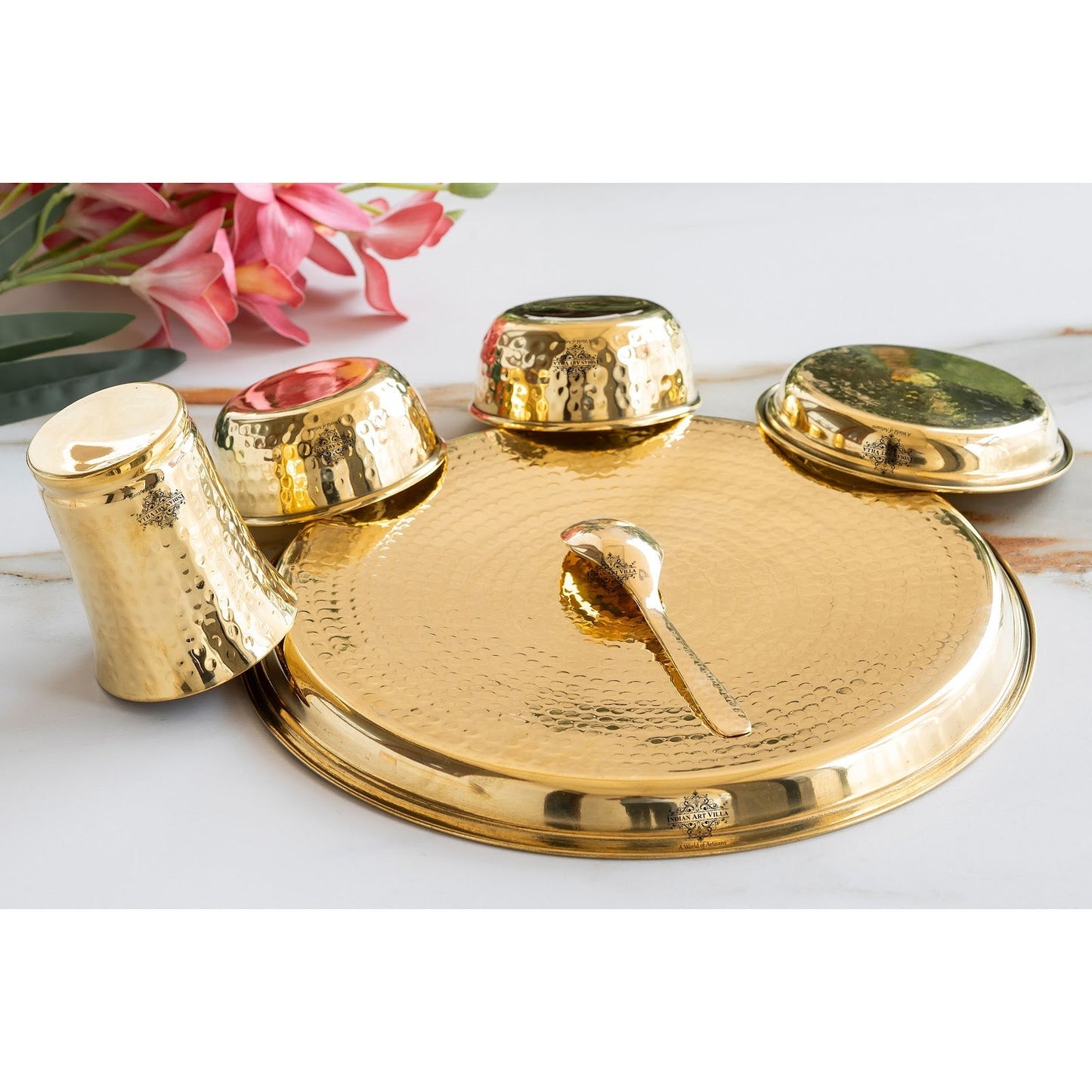 Pure Brass Matt Finish & Hammered 7 Pieces Dinner Set / Thali Set | DinnerWare |