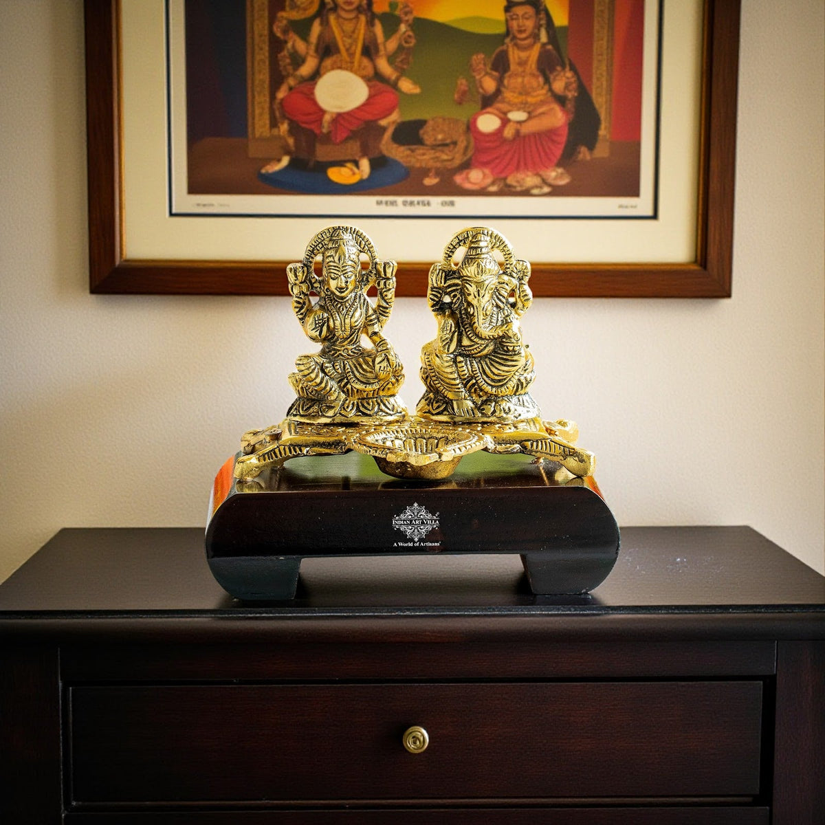 Brass Finish Ganesh Ji With Laxmi JI Murti with Wooden Base