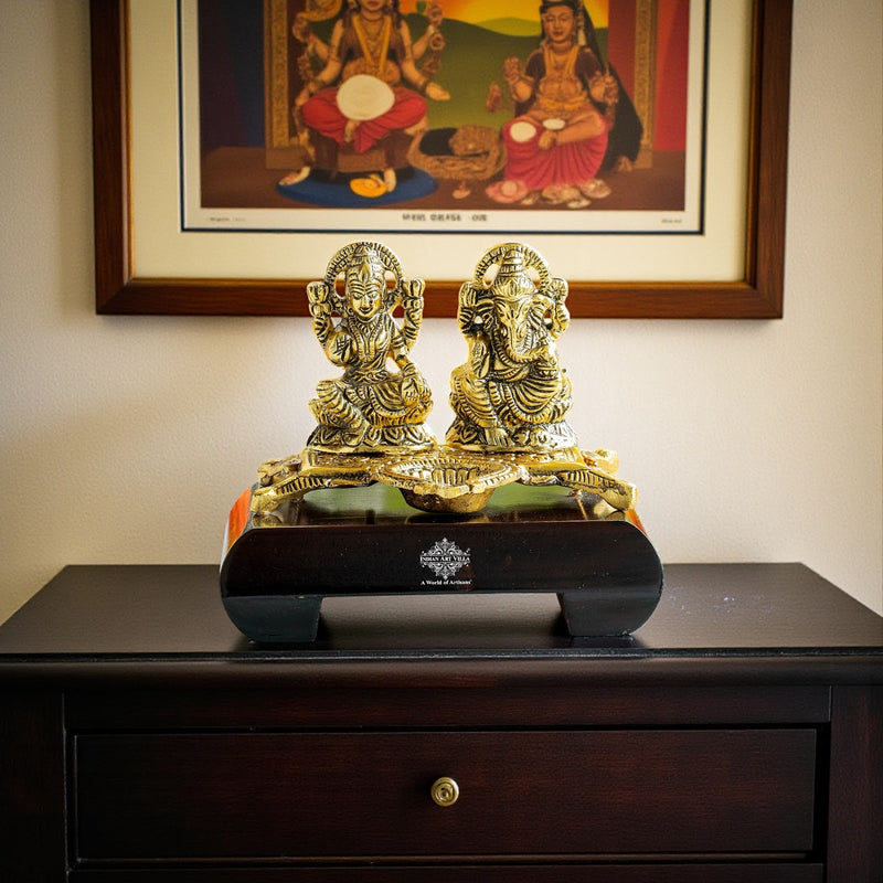 Brass Finish Ganesh Ji With Laxmi JI Murti with Wooden Base