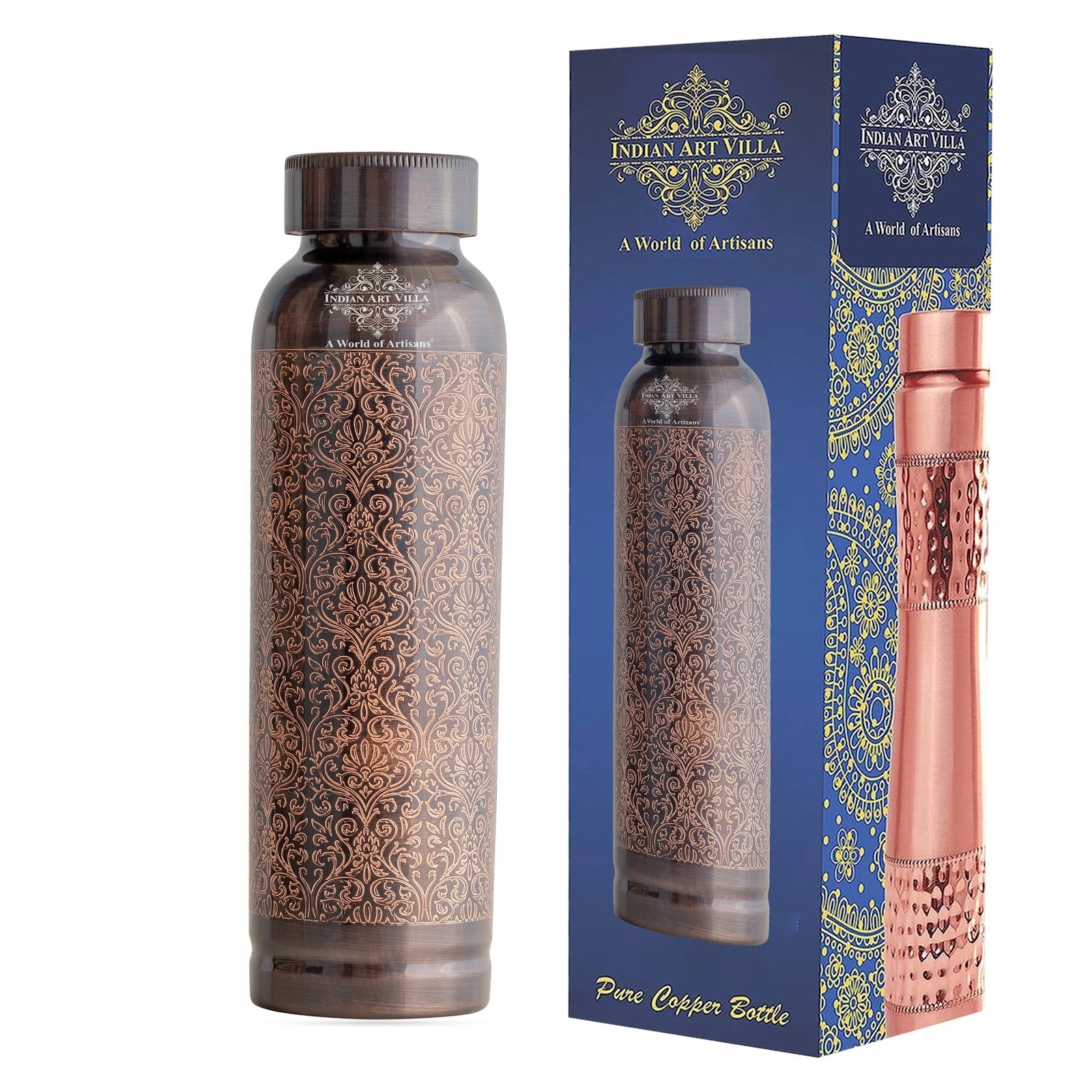 Pure Copper Drinkware Bottle with Antique Dark Embossed Design – 900 ML