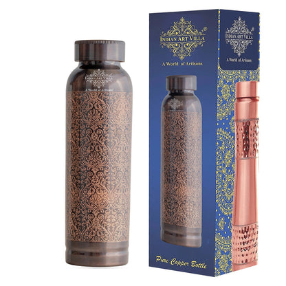 Pure Copper Drinkware Bottle with Antique Dark Embossed Design – 900 ML