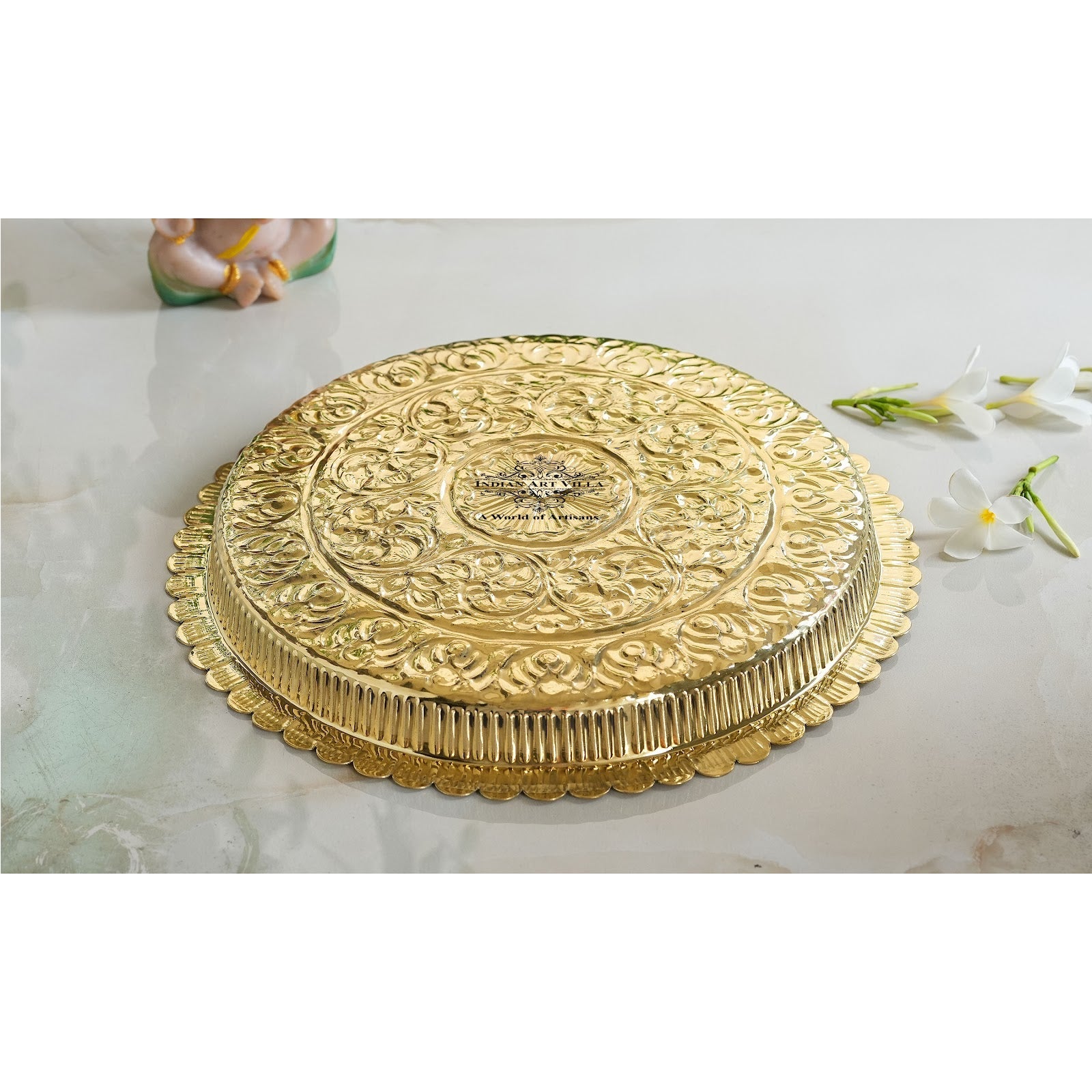 Handmade Pure Brass Flower Design Pooja Thali - 30.48 cm Dia. Spiritual Item