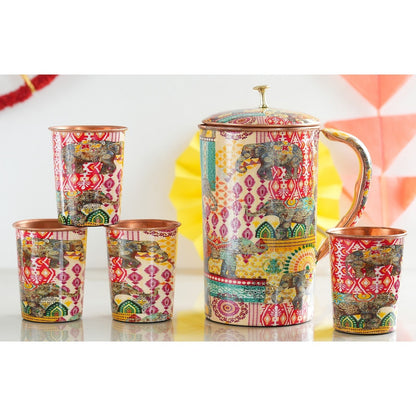 Pure Copper Printed Padharo Mhare Desh Jug & Glass Gift Set