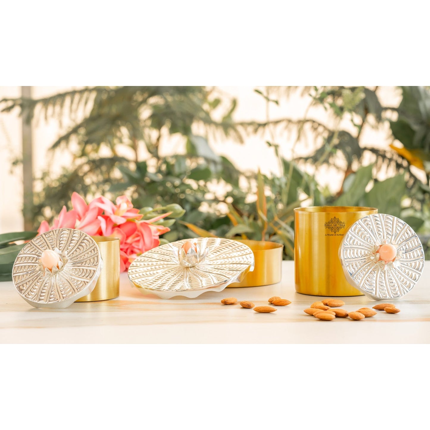 Silver-Plated Brass Decorative Multi-Purpose Gift Box, Lotus Flower Design, Elegant Silver & Gold Finish Storage Box for Dry Fruits