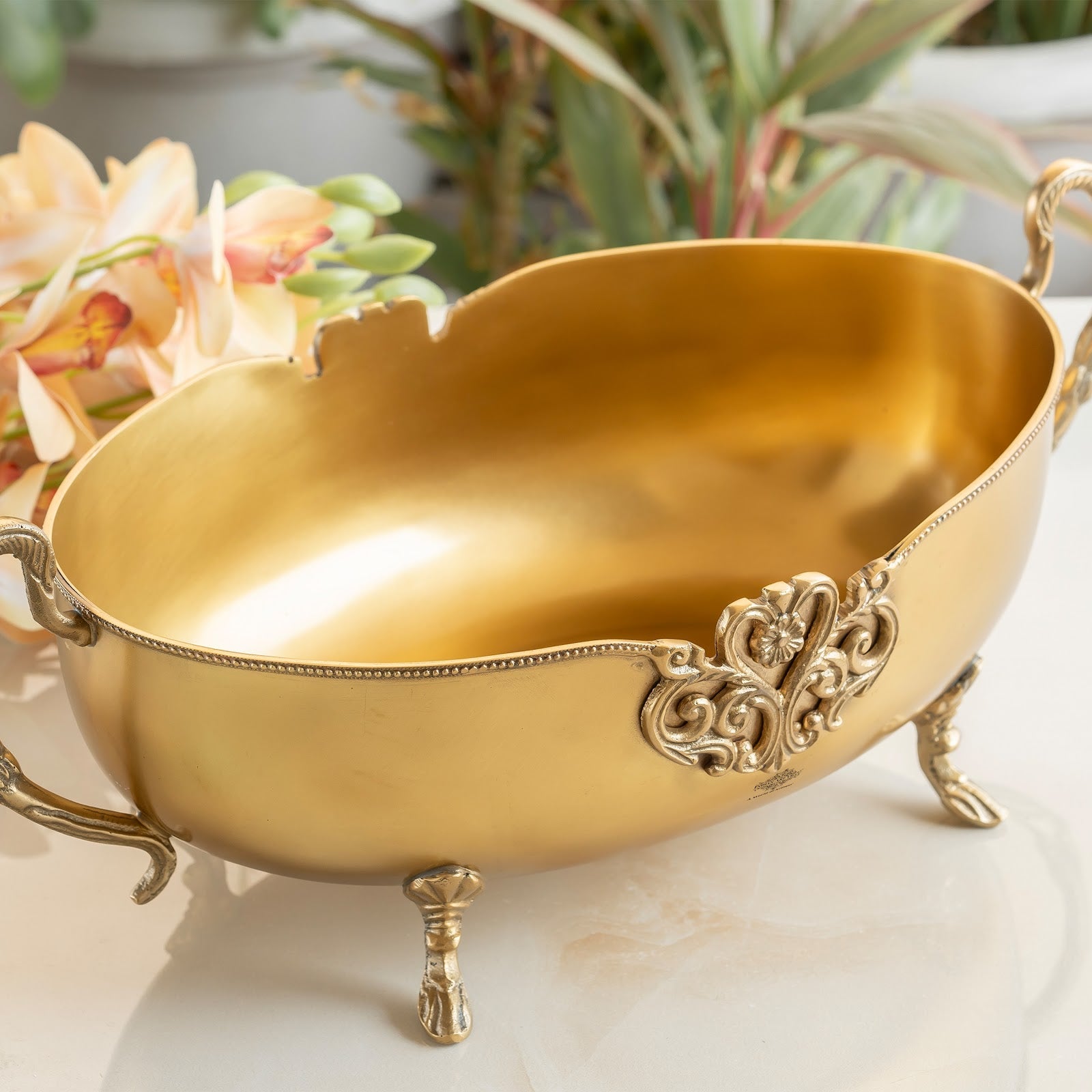 Brass Bowl Embossed Design With Decorative Style Handle