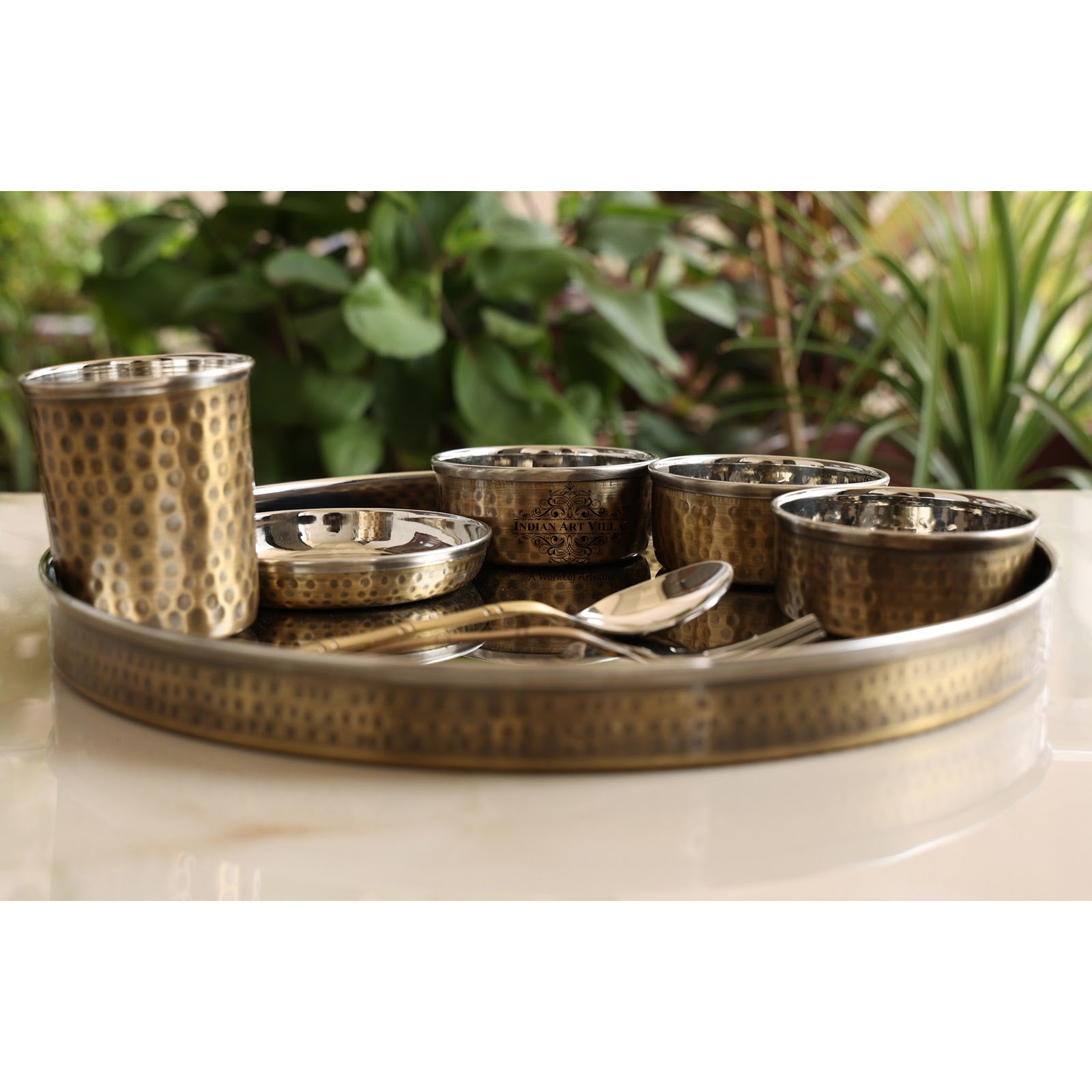 Steel Brass Hammered Design Thali Set/ Dinner Set, Antique finish, 33cm 8 Piece set