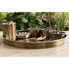 Steel Brass Hammered Design Thali Set/ Dinner Set, Antique finish, 33cm 8 Piece set