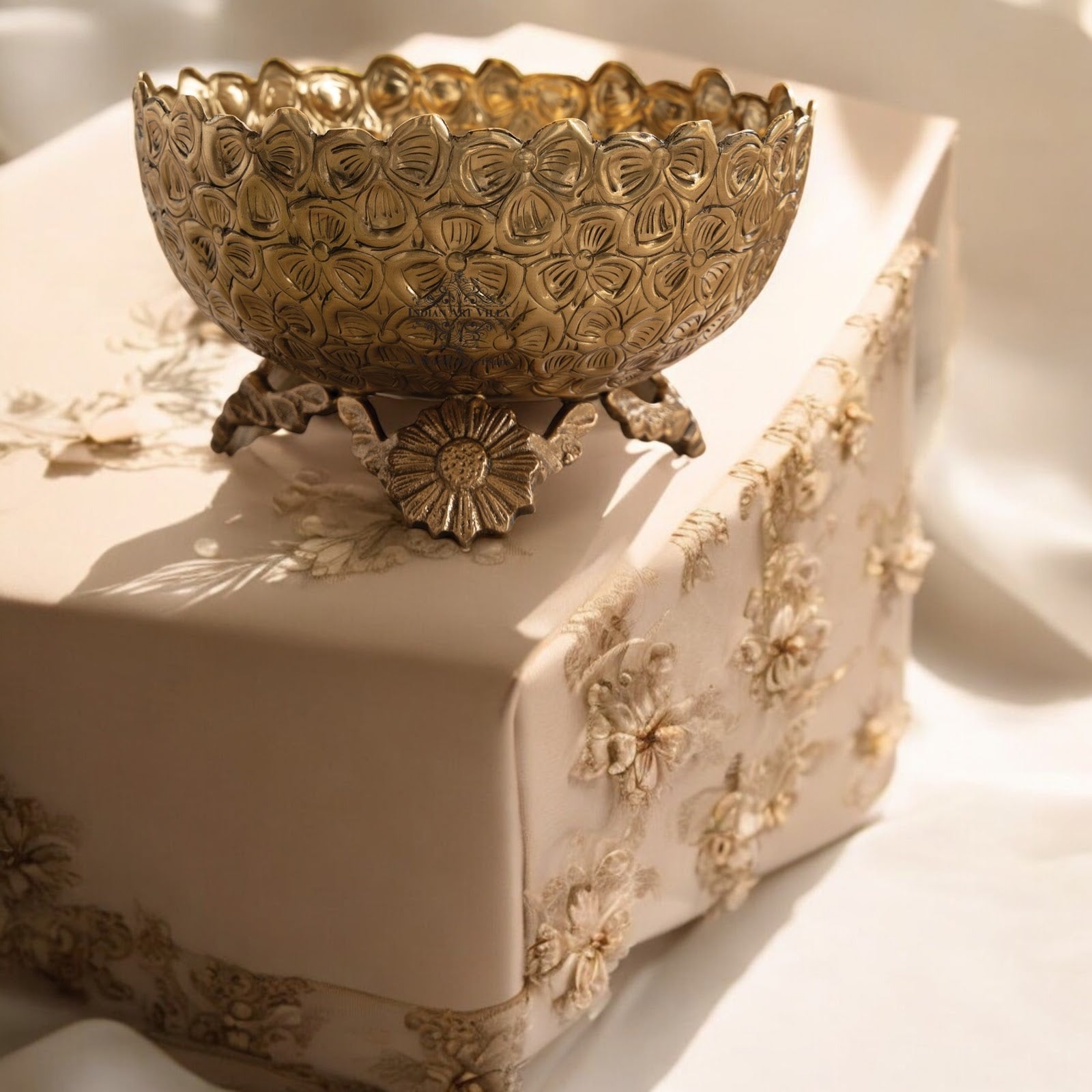 Brass Decorative Floral Embossed Fruit Bowl – 7.9 Inch, 1550 ML Golden Finish Brass Bowl with Pedestal, Handmade Serving & Display Bowl for Dry Fruits, Snacks, Fruits, Table Décor, and Gifting