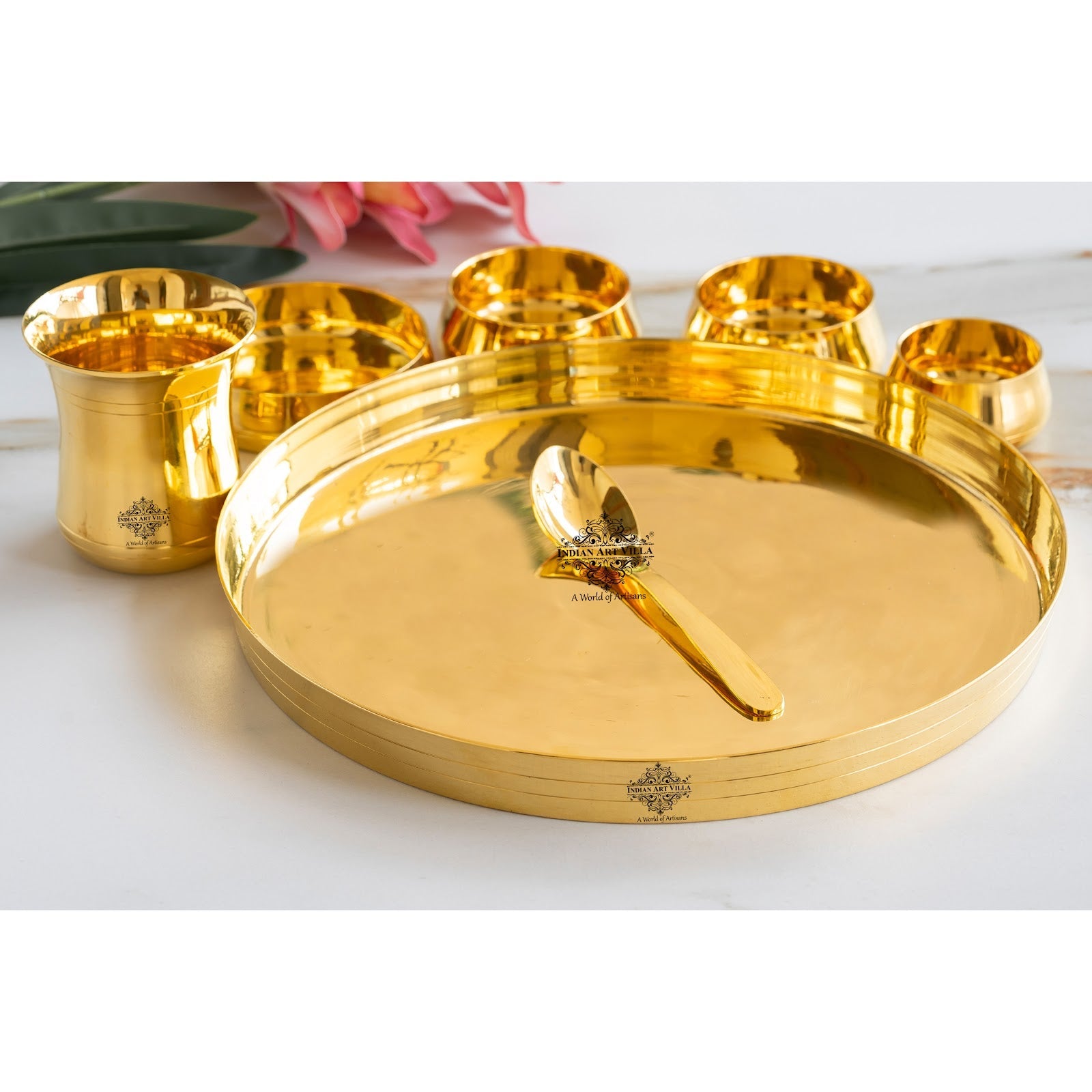 Luxurious Brass 7 Piece Dinner Set With Lead-Free Gold Finish - Elevate Your Dining with Timeless Indian Craftsmanship"