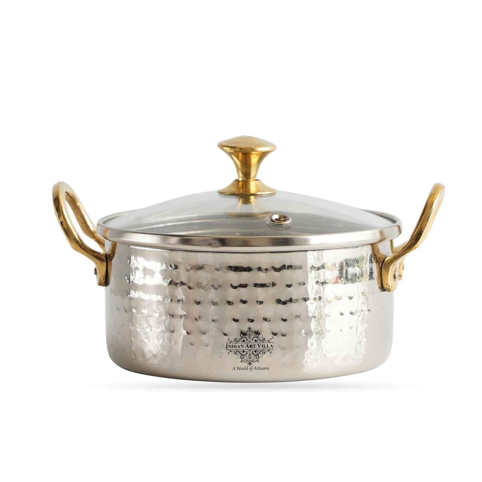 Stainless Steel Serving Bowl with Brass Handles and Glass Lid, Hammered Designs – Elegant Tableware for Home & Restaurant Use