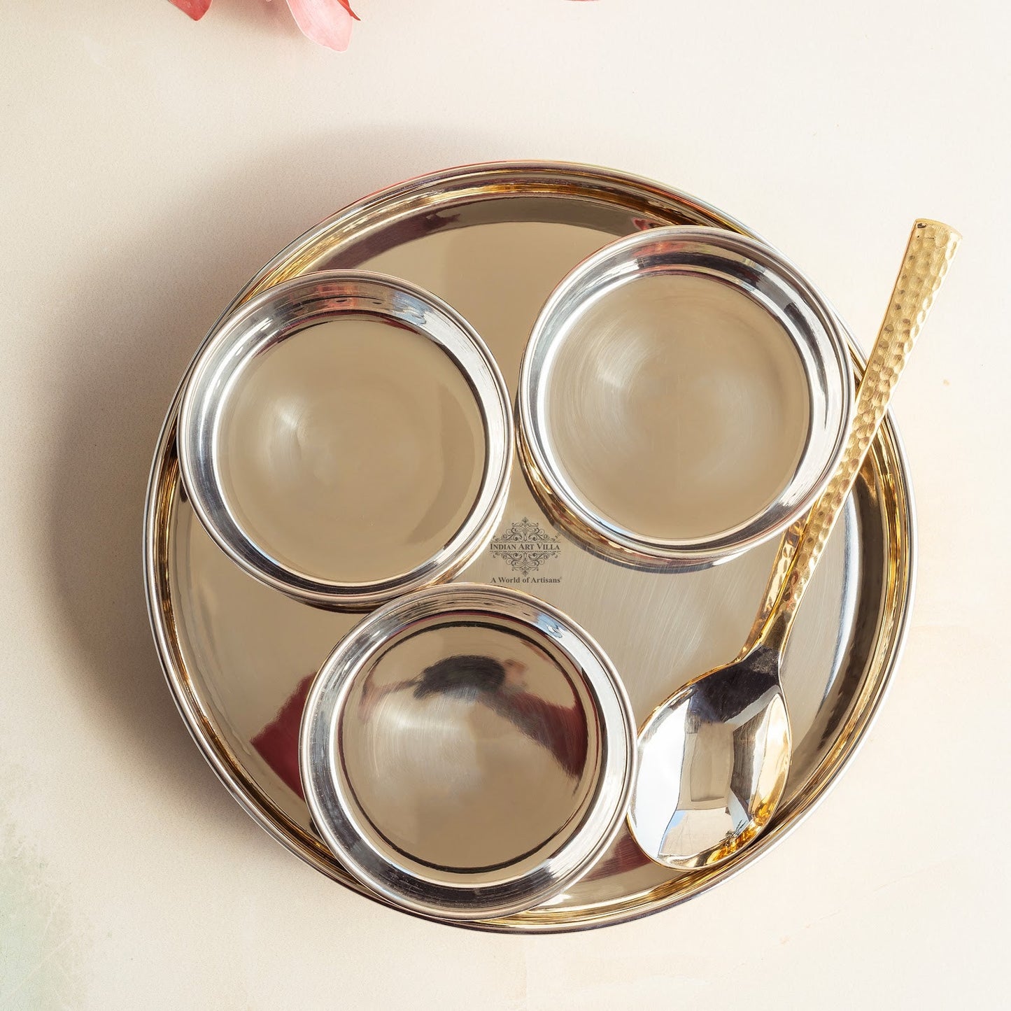 Brass Mukhwas Set – 3 Bowls with 8-Inch Hammered Plate & Spoon | Perfect for Serving Mouth Fresheners, Dry Fruits, Sweets at Home, Parties, Restaurants, and Festive Occasions