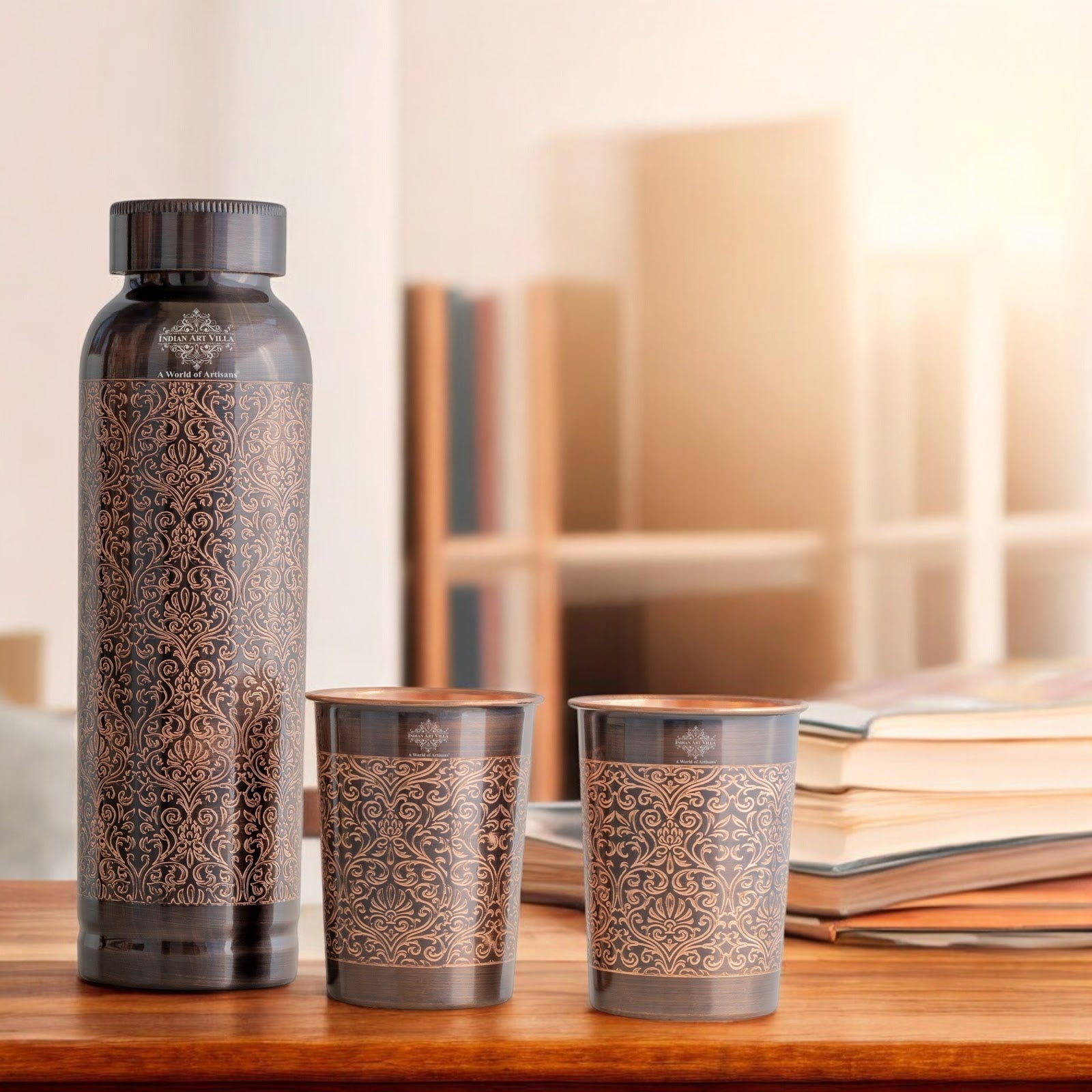 Antique Embossed Copper Bottle Gift Set – Includes 1 Designer Copper Bottle & 2 Matching Glasses | Ideal for Daily Use, Ayurvedic Health Benefits, Office Desk, Home Décor & Festive Gifting-1450 ML