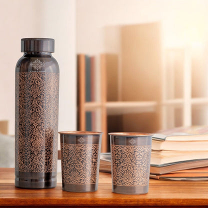 Antique Embossed Copper Bottle Gift Set – Includes 1 Designer Copper Bottle & 2 Matching Glasses | Ideal for Daily Use, Ayurvedic Health Benefits, Office Desk, Home Décor & Festive Gifting-1450 ML