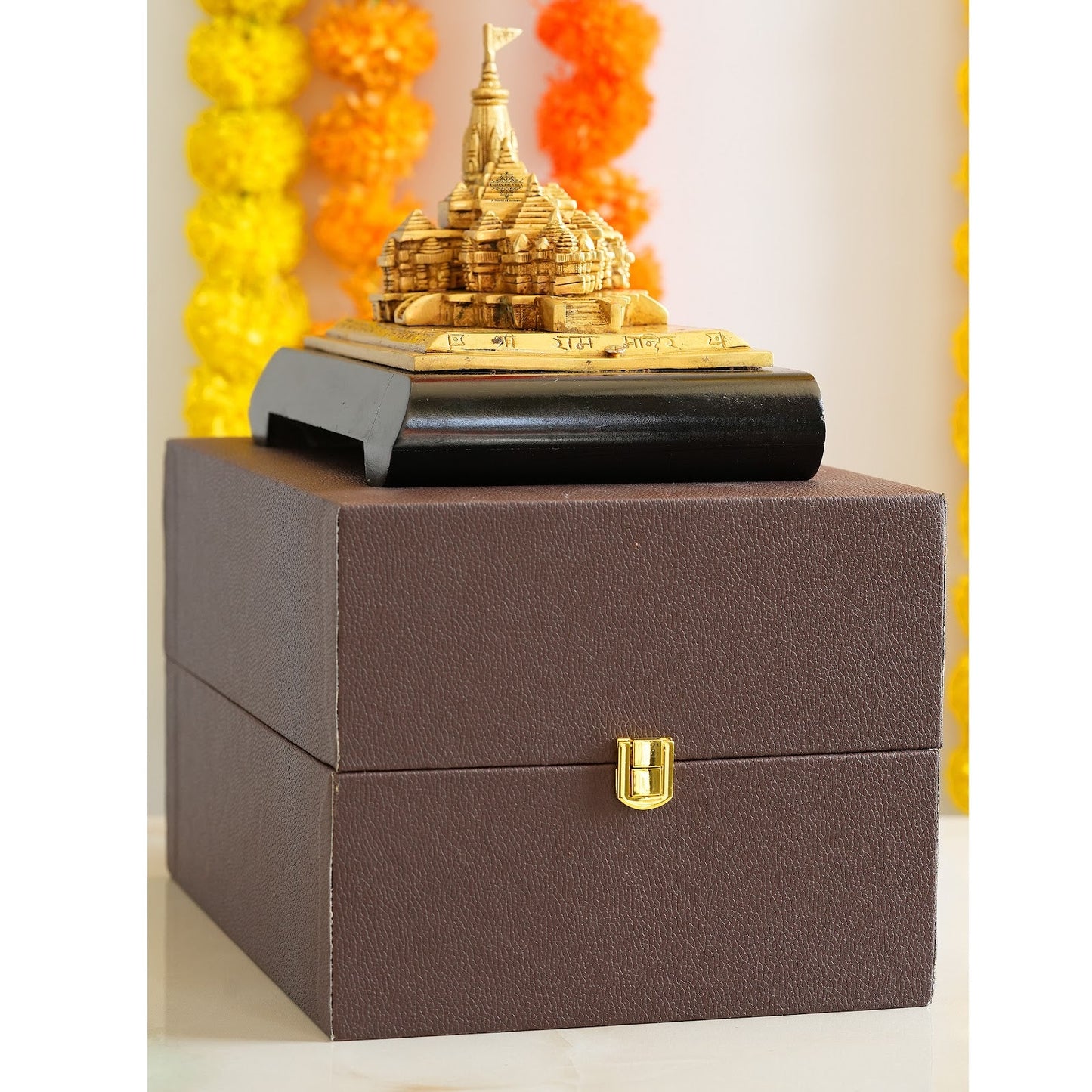 Handcrafted Wooden Brass Ram Mandir/Temple, Ayodhya Model 3D Replica, Traditional, 16.51 cm Width