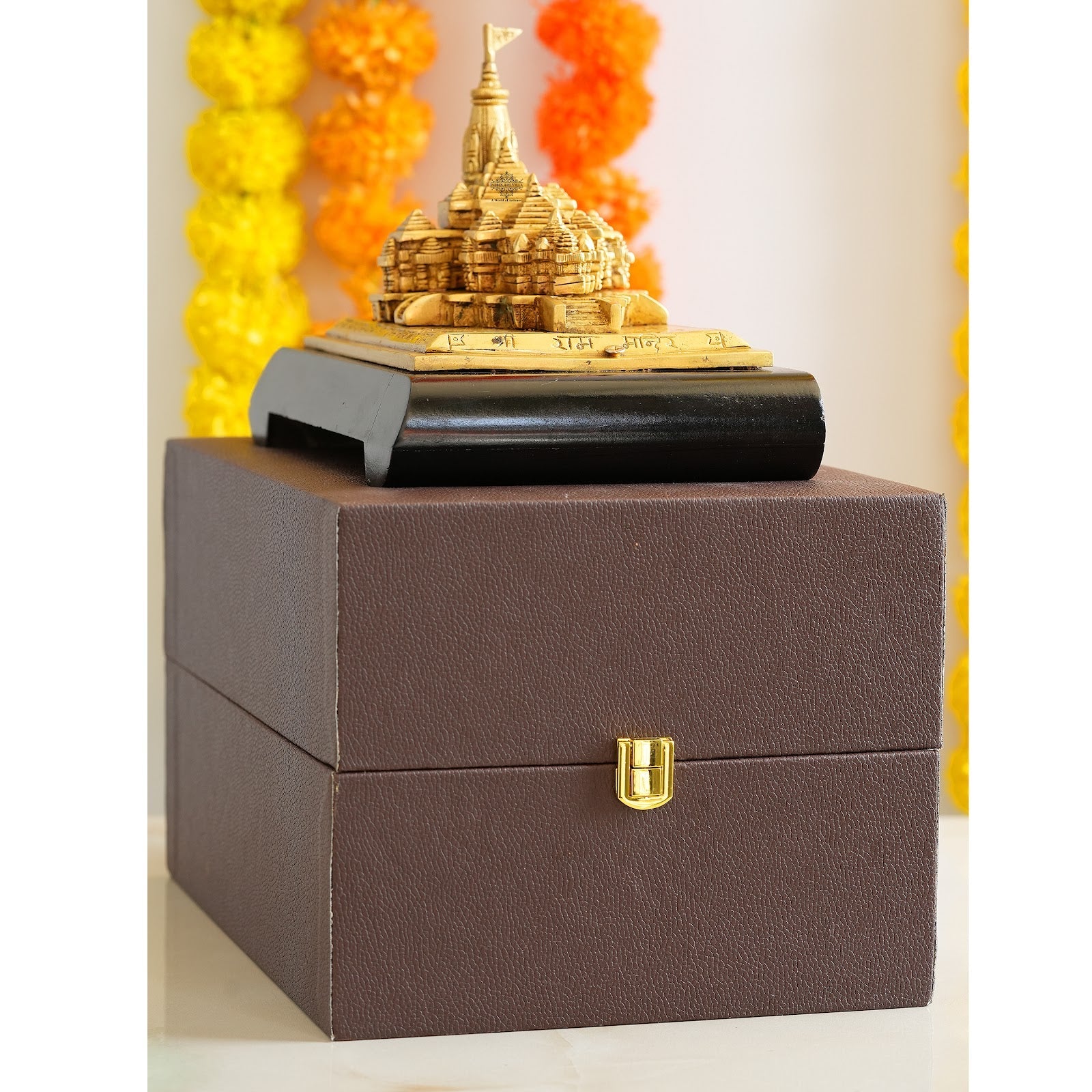 Handcrafted Wooden Brass Ram Mandir/Temple, Ayodhya Model 3D Replica, Traditional, 16.51 cm Width