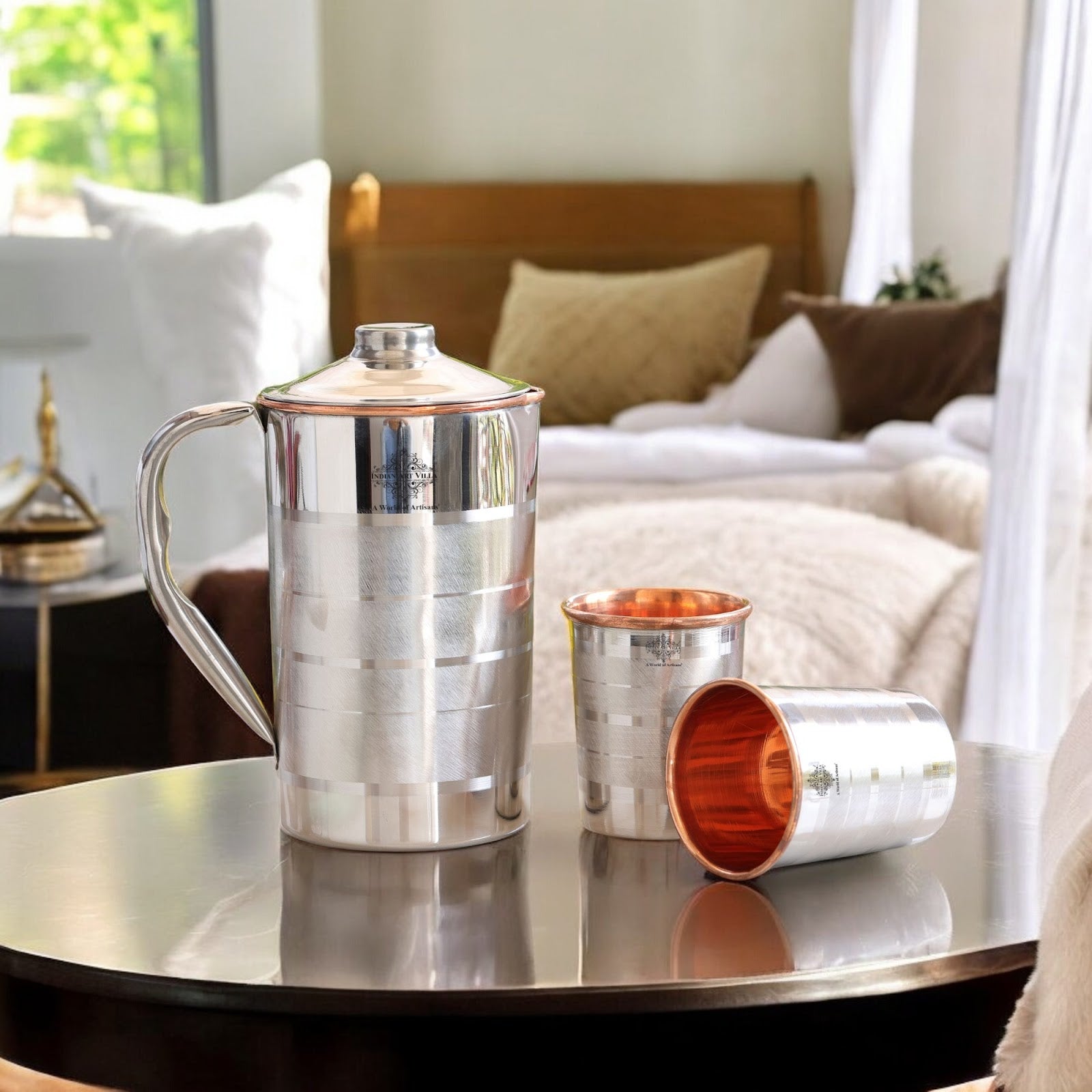 Handmade Pure Steel Copper Jug Pitcher With Glass Tumbler Gift Set