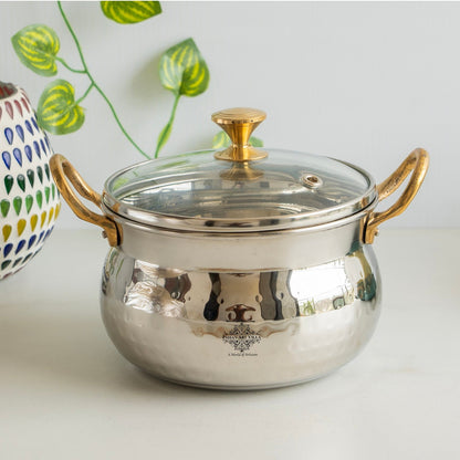 Steel Handi Hammered Design Bowl with Glass Lid Brass Knob &  Handles   – 950 ML,  Tableware & Serveware