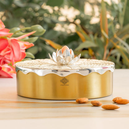 Silver-Plated Brass Decorative Multi-Purpose Gift Box, Lotus Flower Design, Elegant Silver & Gold Finish Storage Box for Dry Fruits