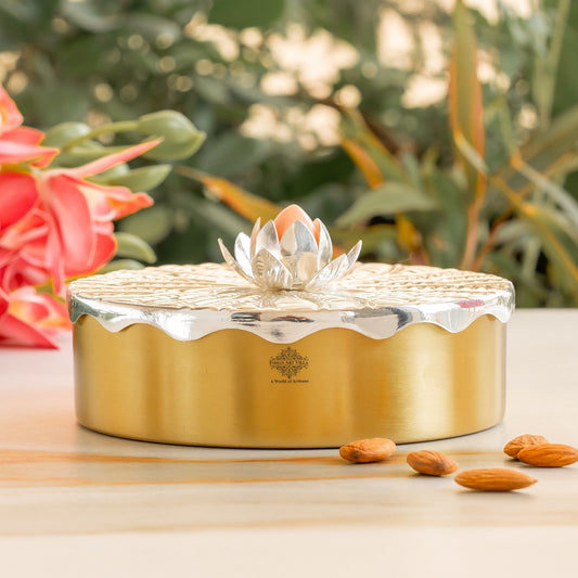 Silver-Plated Brass Decorative Multi-Purpose Gift Box, Lotus Flower Design, Elegant Silver & Gold Finish Storage Box for Dry Fruits