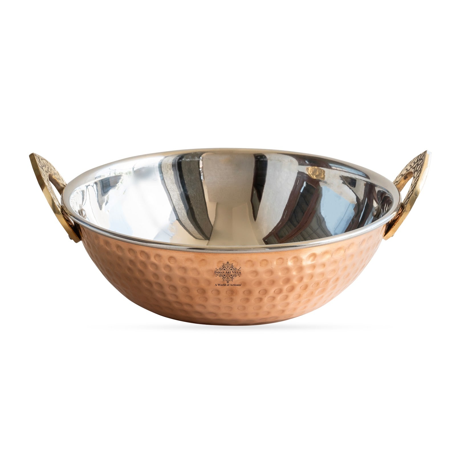 Steel Copper Hammered Design Kadhai - Elegant Serveware with Brass Handles, Traditional Indian Tableware for Dining, Special Occasions & Gifting