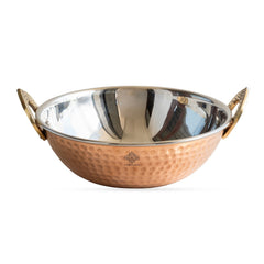 Steel Copper Hammered Design Kadhai - Elegant Serveware with Brass Handles, Traditional Indian Tableware for Dining, Special Occasions & Gifting
