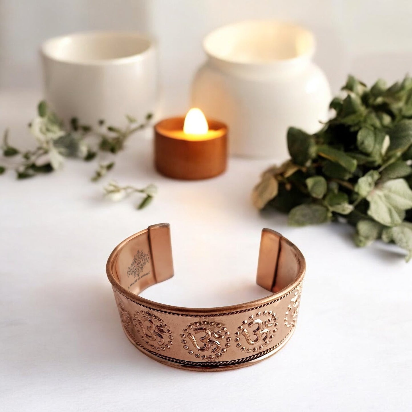 Pure Copper Om Design Broad Bangle Handcrafted Spiritual Bracelet