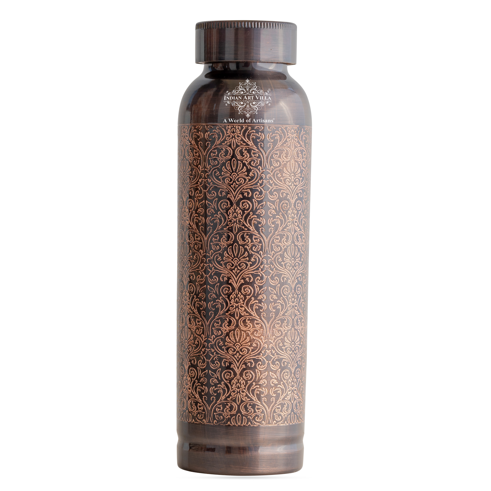 Pure Copper Drinkware Bottle with Antique Dark Embossed Design – 900 ML