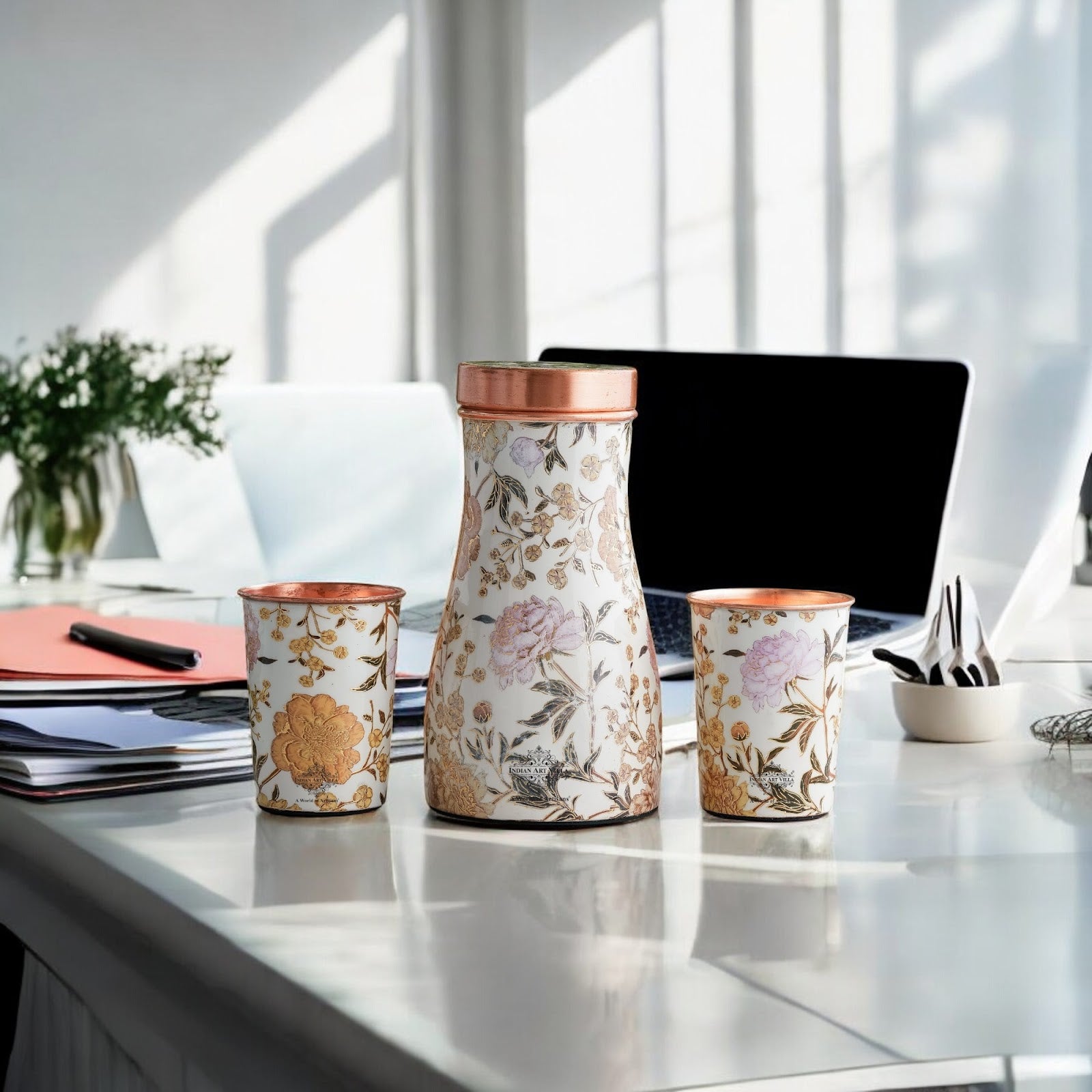 Copper Gold Printed Bedroom Bottle with 2 Glass Set – 900 ML Bottle & 300 ML Glass