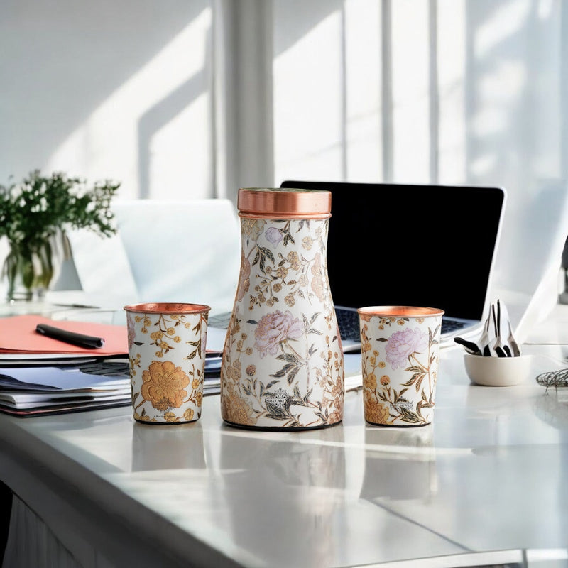 Copper Gold Printed Bedroom Bottle with 2 Glass Set – 900 ML Bottle & 300 ML Glass
