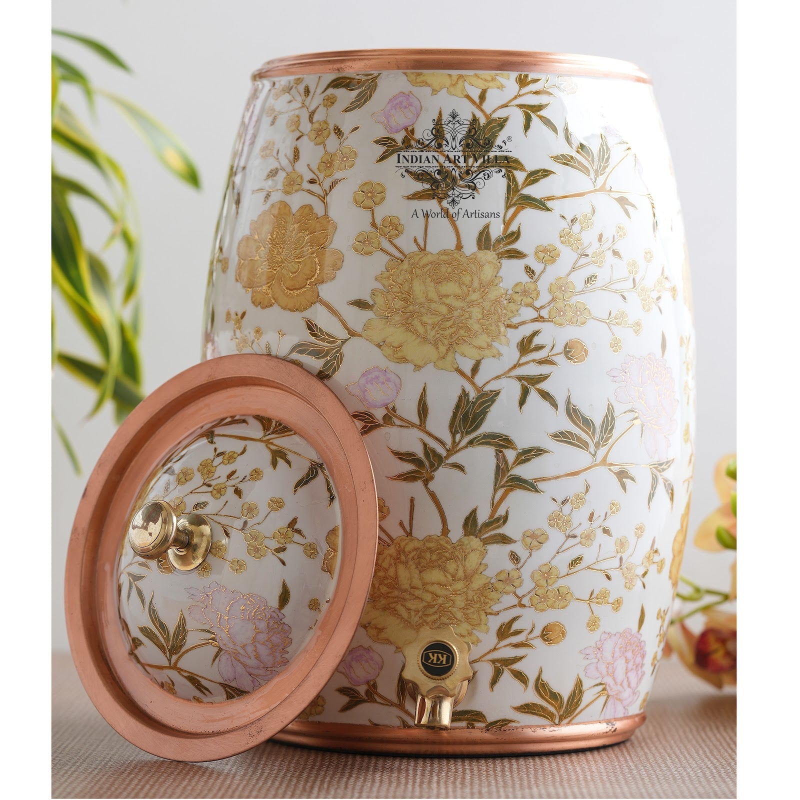 Handcrafted Pure Copper Water Pot with Gold Print Design, Ayurveda Water Vessel, 10 Ltr.