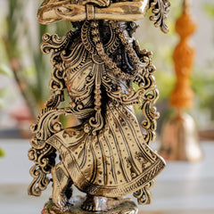Pure Brass Antique Finish Radha Krishna Standing Murti For Home Temple - 24.13 cm