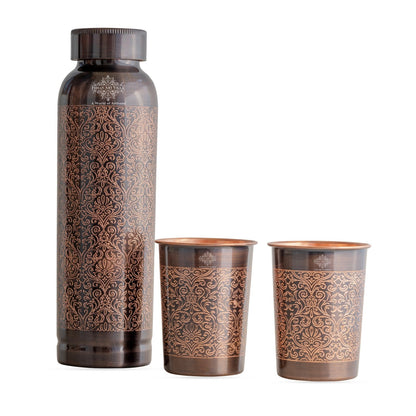 Antique Embossed Copper Bottle Gift Set – Includes 1 Designer Copper Bottle & 2 Matching Glasses | Ideal for Daily Use, Ayurvedic Health Benefits, Office Desk, Home Décor & Festive Gifting-1450 ML